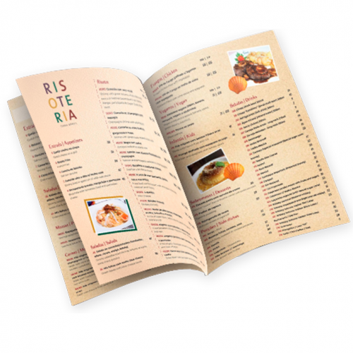 Cardápio A4 | 8 páginas | 4/4 | Laminação Fosca 1x1 | Verniz Localizado